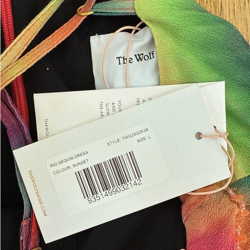 The Wolf Gang Sequin Mini Dress Rio Size L Orange Green Multicolor Sunset - Picture 4 of 5